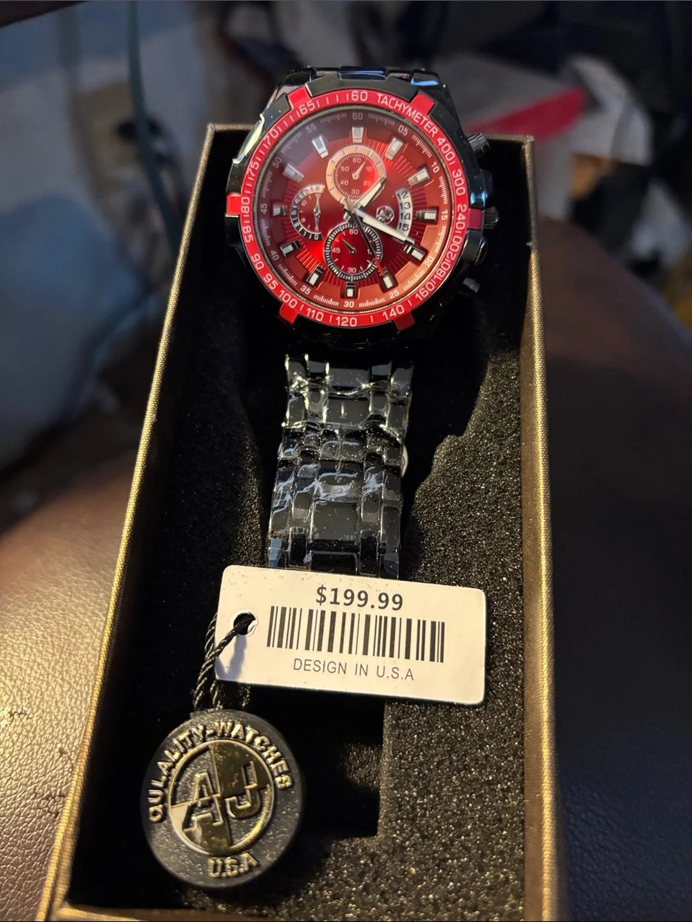 Men's Red Dial Chronograph Watch with Black Metal Bracelet
